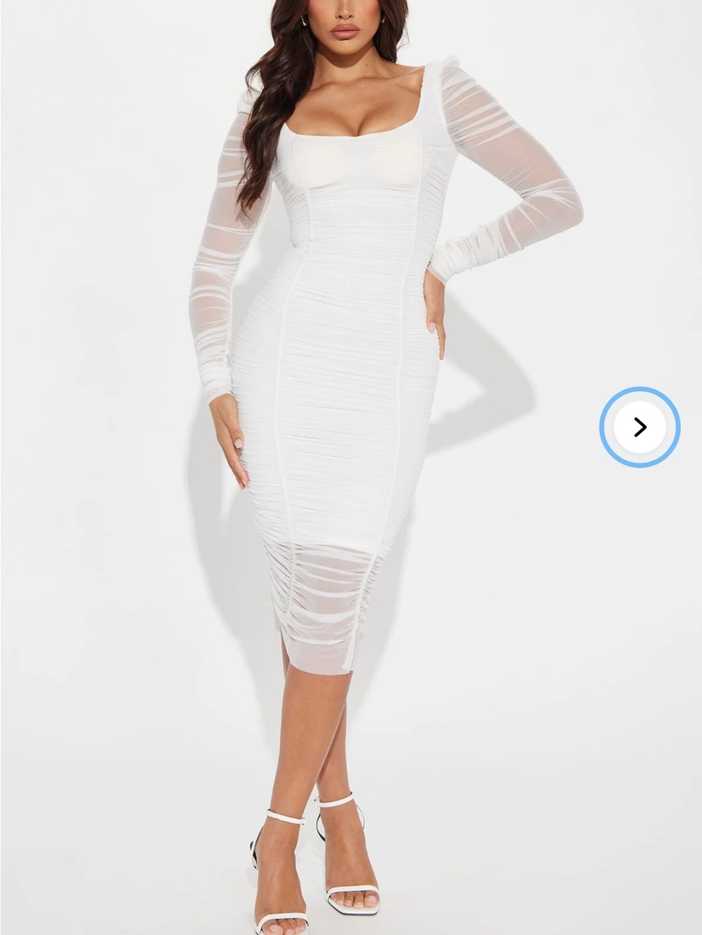 Fashion Nova White Ruched Sheer-Sleeve Midi Dress